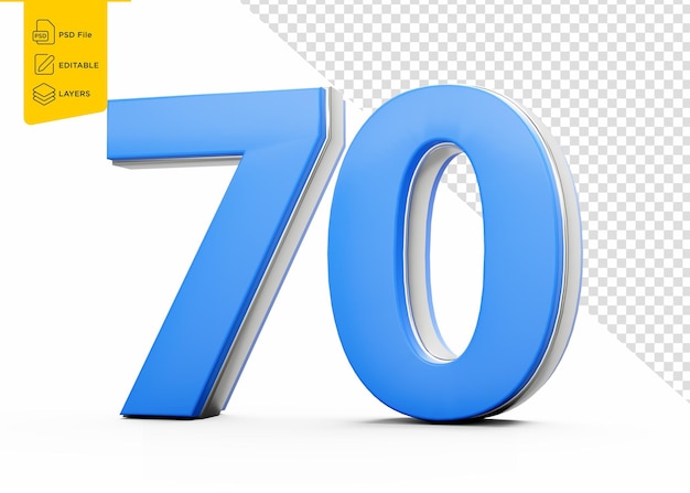 Blue 70 Digit Seventy Number With Sleek Metallic Gleam On White Background 3d Illustration