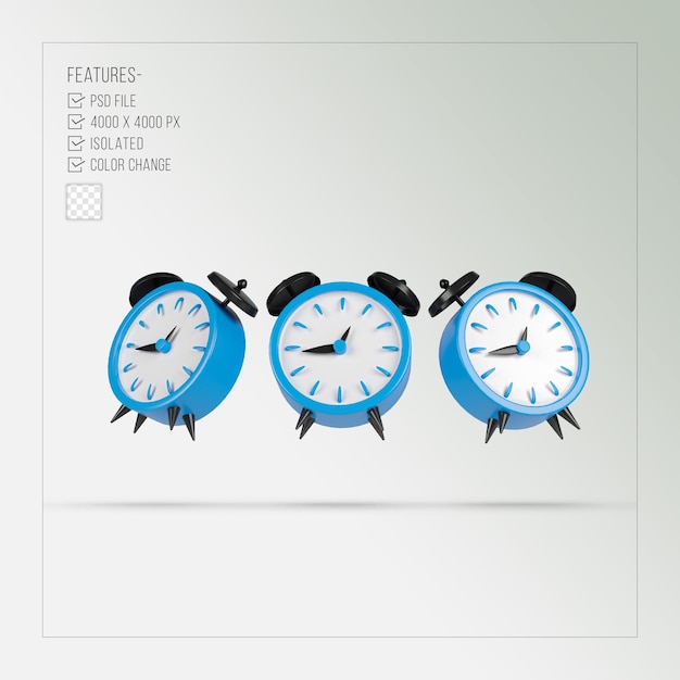 Blue alarm clock 3d rendering isolated