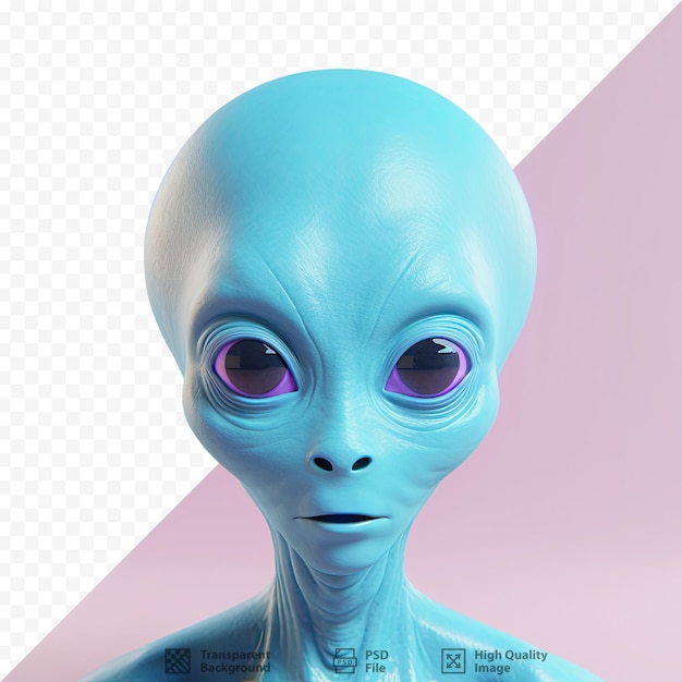 A blue alien head with purple eyes and a purple eye.