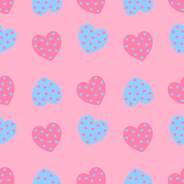 Blue and pink hearts on a pink background repeating pattern