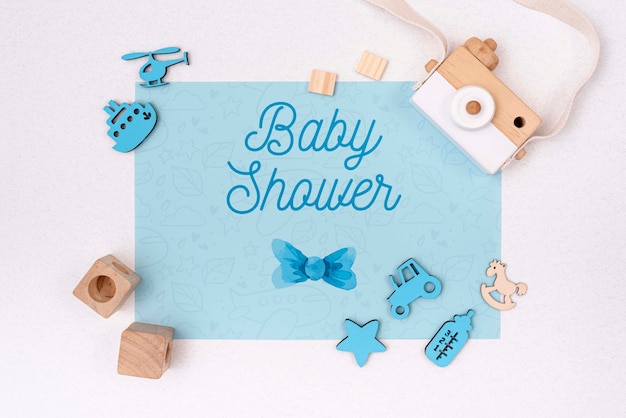 Decorazioni baby shower blu con fotocamera