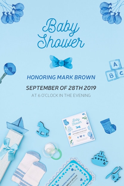 PSD blue baby shower invitation with decorations