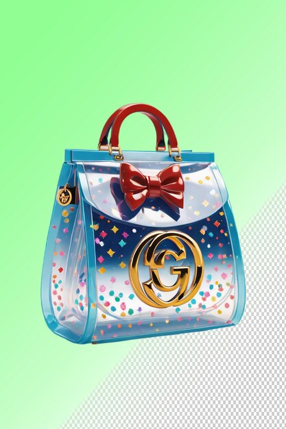 A blue bag with a gold design and a red bow