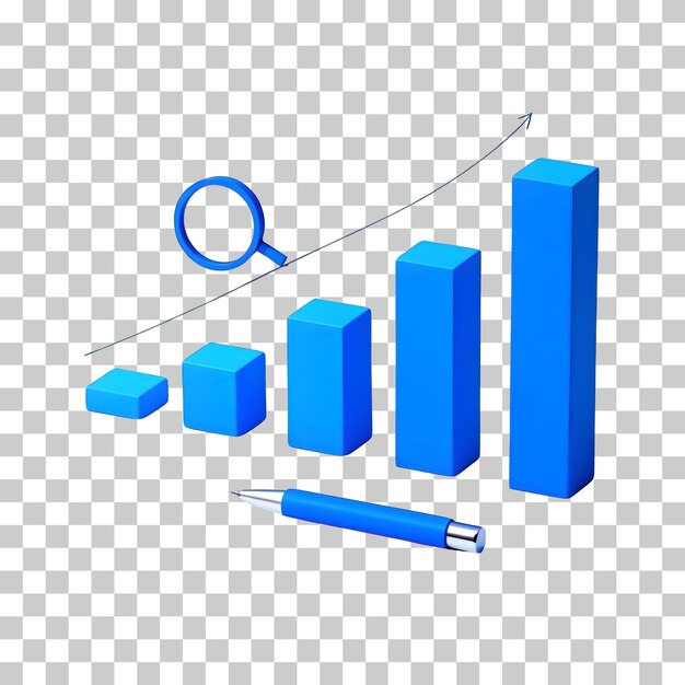 Blue Bar Chart with Magnifying Glass and Pen Representing Data Analysis and Business Insights