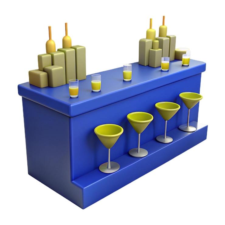 PSD a blue bar with several different cocktails on it