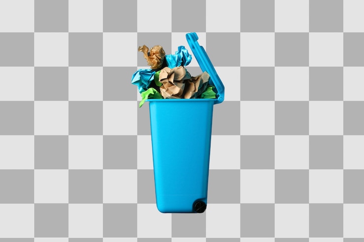 PSD blue bin filled with colorful paper waste isolated on white png