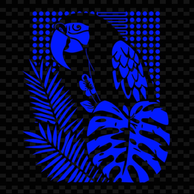 PSD a blue and black bird with a blue background with a tropical leaf