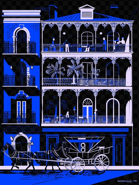 A blue and black drawing of a building with a blue background