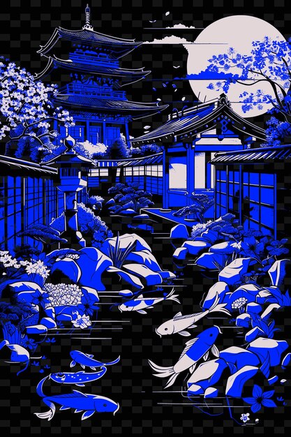 PSD a blue and black painting of a japanese house in blue