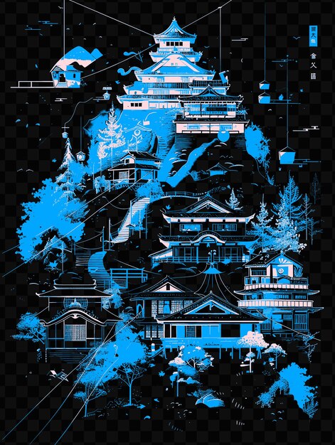 PSD a blue and black poster with a japanese house on it