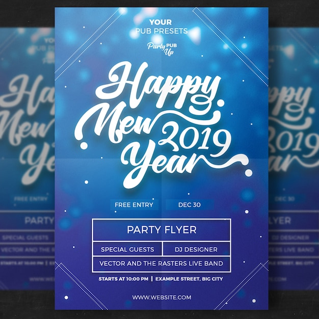 Blue bokeh new year 2019 cover mockup