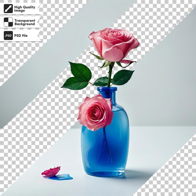 PSD a blue bottle of pink roses sits on a table