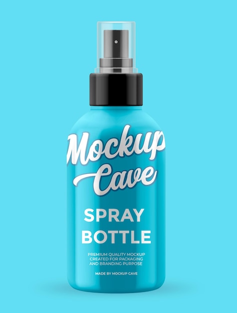 A blue bottle of spray bottle that says mockup cave spray on it.