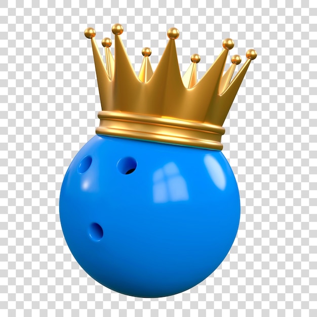 Blue bowling ball crowned with a gold crown isolated on white background 3D render illustration