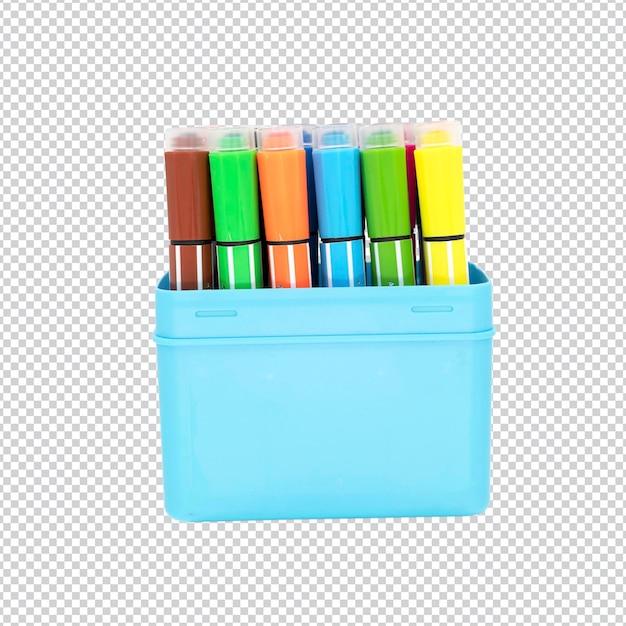 A blue box with many colored pens in it