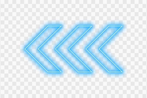 blue bright color light neon arrow pointer pointing left with glowing on transparent background