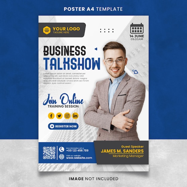 Blue business talkshow poster o modello di banner design pronto per la stampa