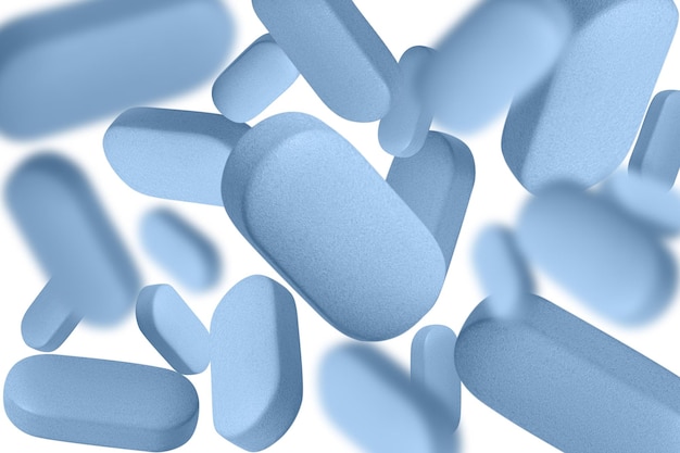 PSD blue capsules fly across the entire screen lots of pills on isolated transparent background