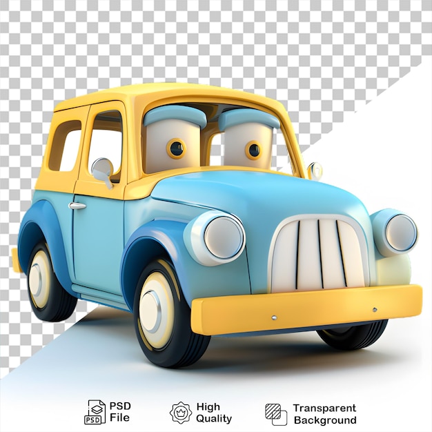 Una macchina blu con una macchina gialla con una faccia sulla parte anteriore