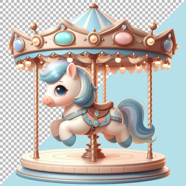 PSD blue carousel with cute horses on transparent background