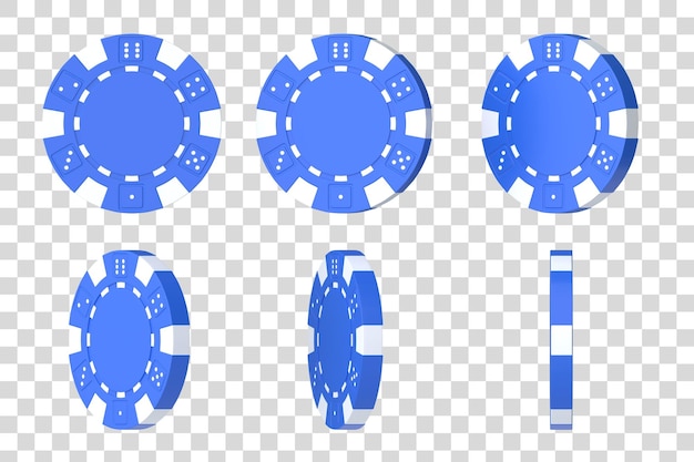 흰색 배경에 고립 된 다른 각도에서 블루 카지노 칩 도박 게임 3D 렌더링