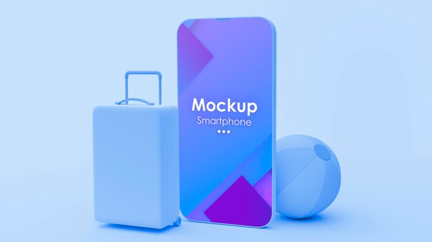 Blue cell phone mockup for travel apps and websites. blue background with bag and ball.