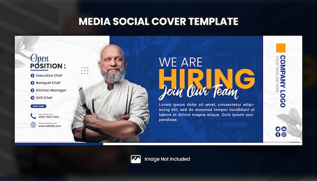 PSD modello di copertina per social media per posto vacante di lavoro chef blu