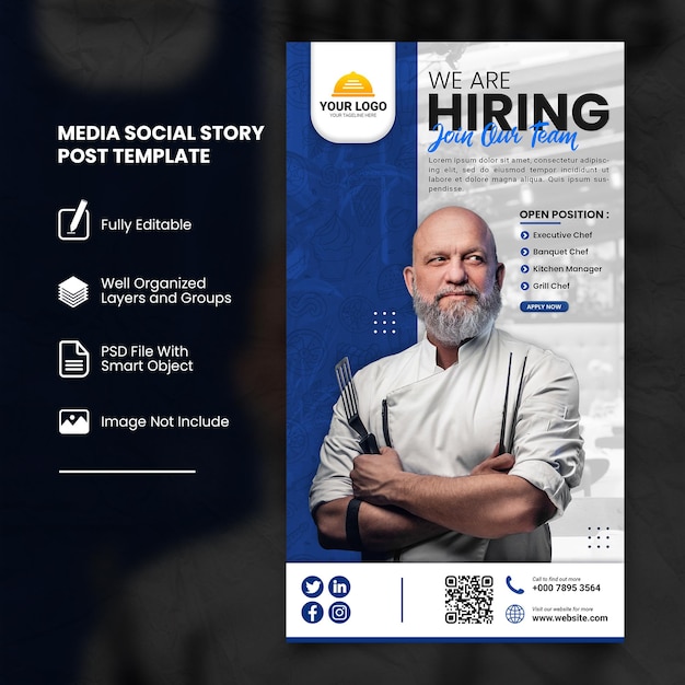 PSD blue chef vacature social media story post-sjabloon