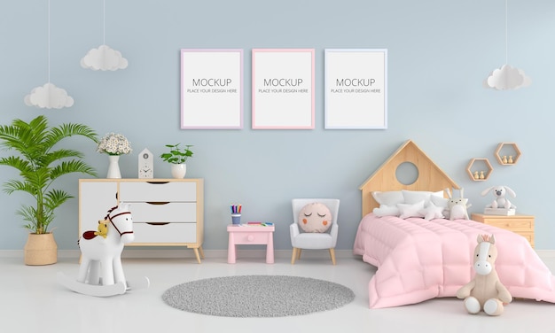 Interno camera da letto bambino blu con mockup di telaio