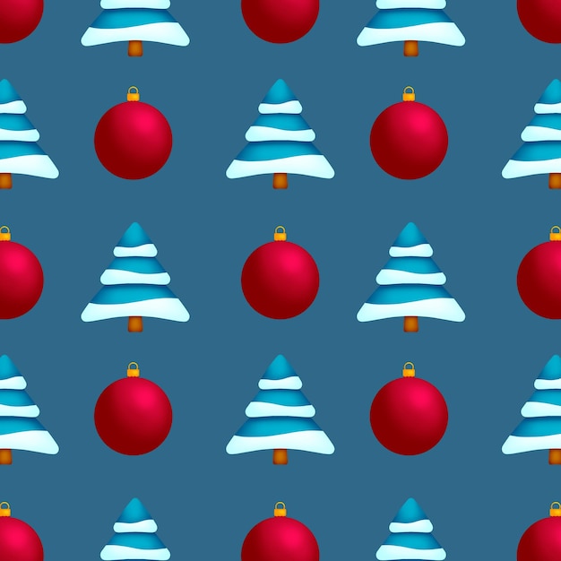 Blue christmas trees and red balls on a blue background repeating pattern