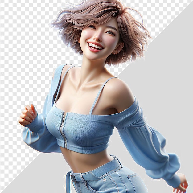 PSD blue clothed oriental woman model dancing shaking laughing isolated transparent background face png