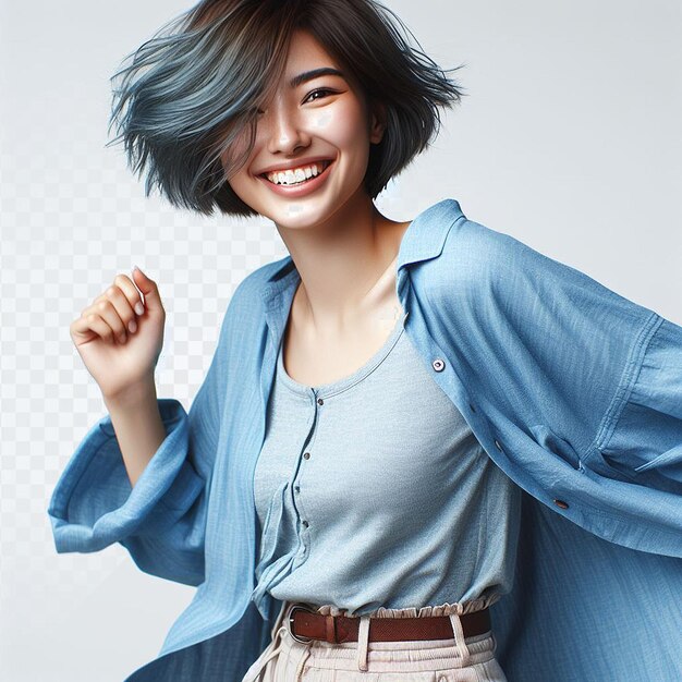 blue clothed oriental woman Model dancing shaking laughing isolated transparent Background Face png