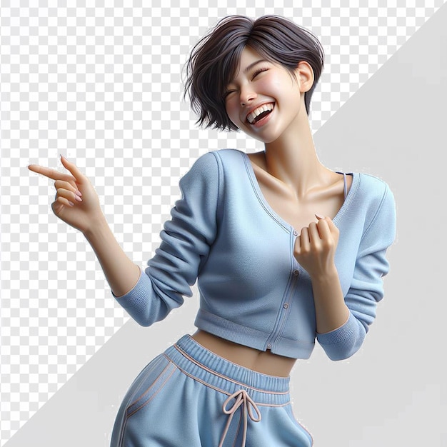 blue clothed oriental woman Model dancing shaking laughing isolated transparent Background Face png