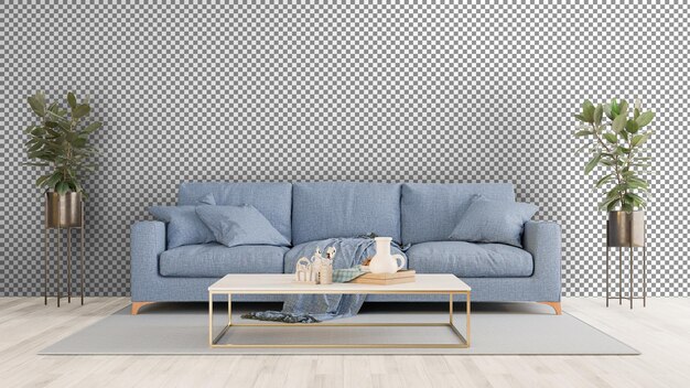 a blue couch and a coffee table in a room