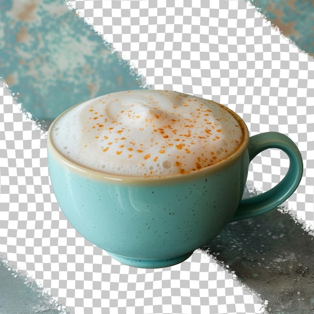 Una tazza blu di latte con spruzzate d'arancia