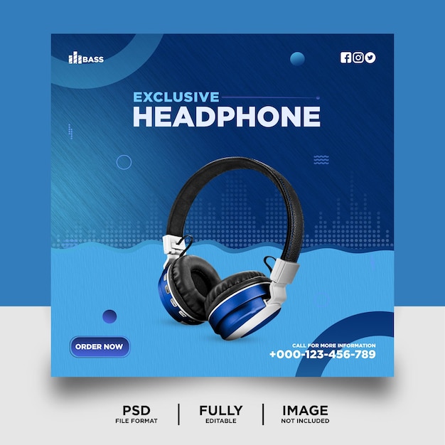 PSD blue cyan color headphone brand product social media instagram banner