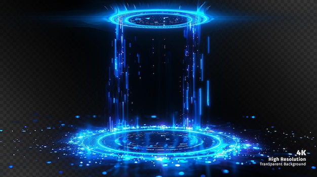 Blue digital teleport with particles and hologram digital rings in dark background