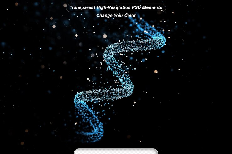 PSD blue dna on black background dna structure and cells bokeh lights concept of biotechnology