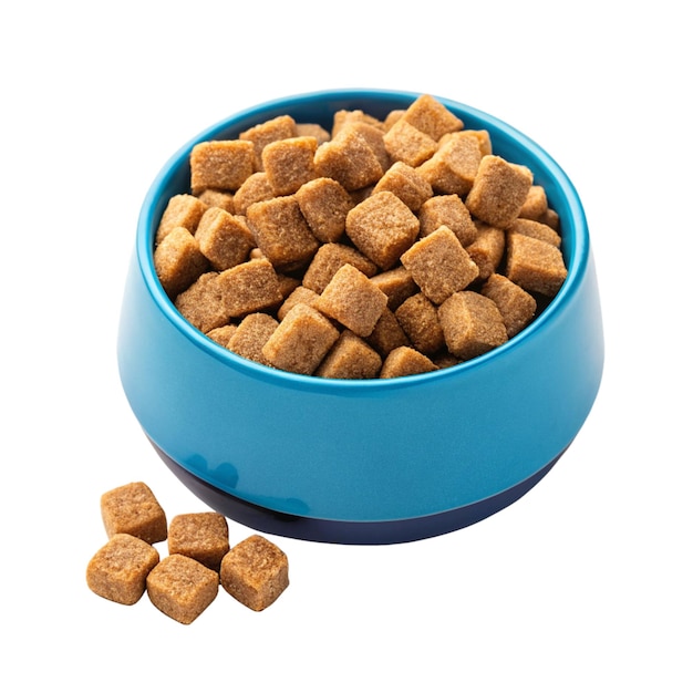 Blue dog bowl filled with dry dog food
