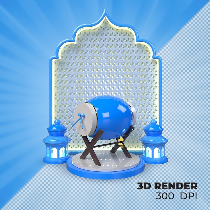 PSD blue drum with lanterns 3d render post template