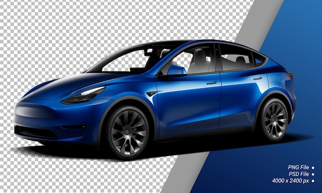 Blue electric tesla model y on transparent background