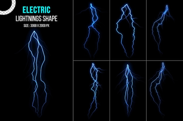 Forme isolate di temporale elettrico blu impostate su sfondo nero trasparente