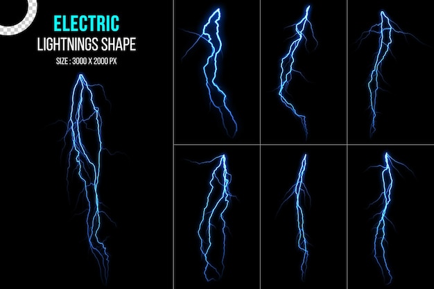 Blue electric thunderstorm isolated shapes set on transparent black background