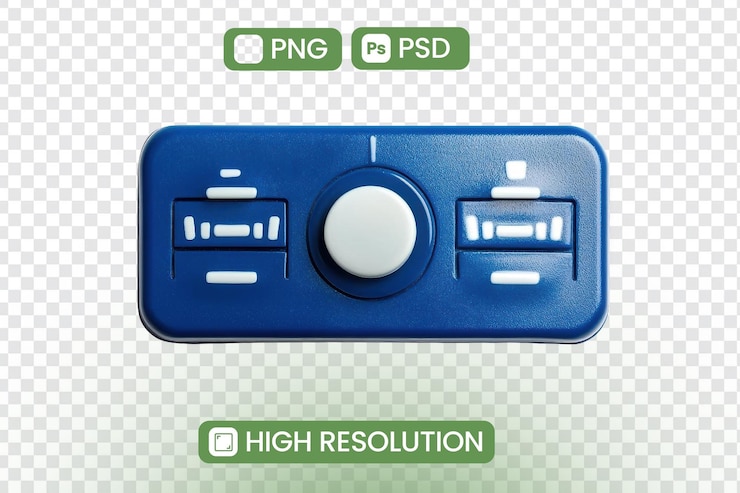 PSD a blue electronic device with a blue button that says  p p