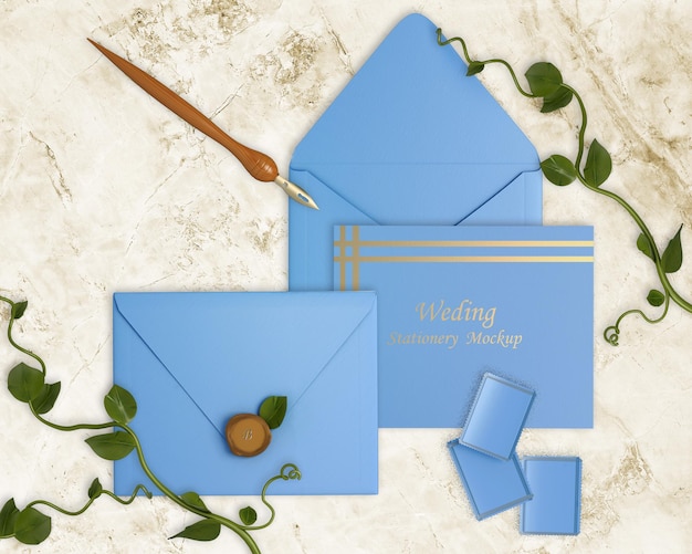 PSD a blue envelope mockup psd with the word wedding written on it