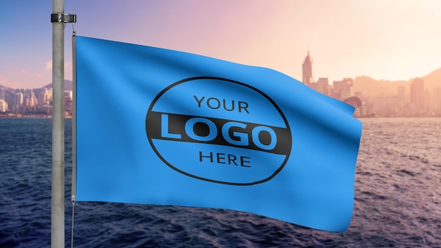 Blue flag mockup for you design with beauty landmark skyline and ocean water