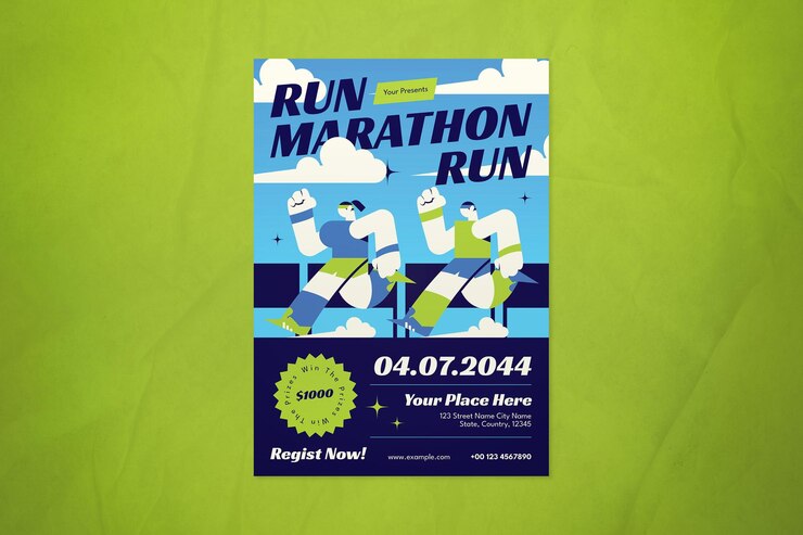 PSD blue flat design run marathon flyer