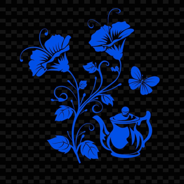 A blue floral design with flowers and a teapot