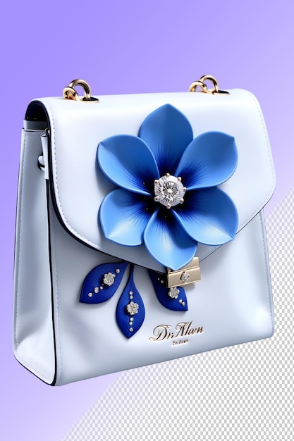 PSD a blue flower is on a white purse