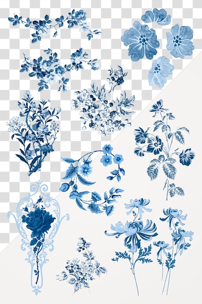 ブルーフラワーセット PNG ヴィンテージステッカー